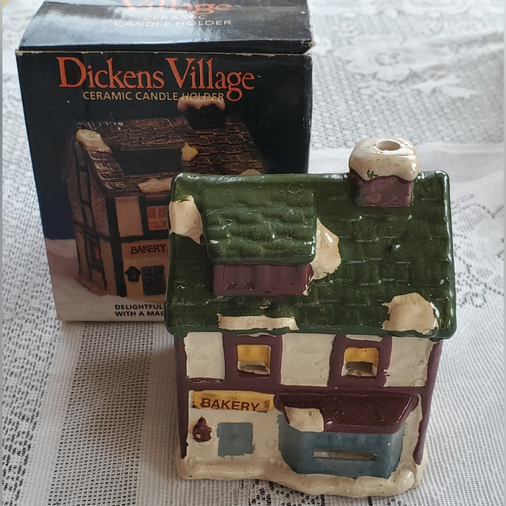 Vintage Dickens Village Ceramic Candle Holder Bakery Christmas House w/ Box